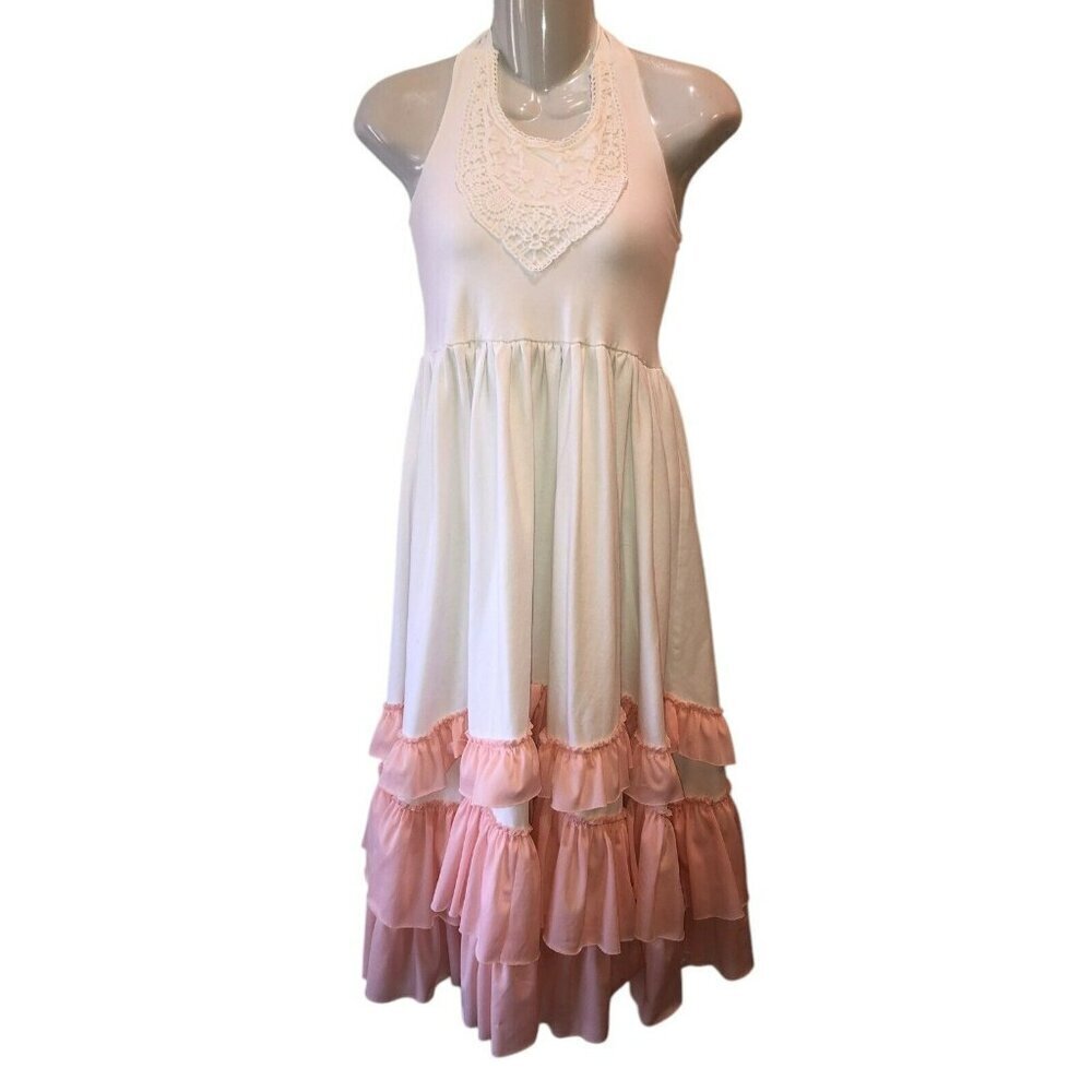 Oopsie Daisy Girls Size 10 T White Pink Ruffles Halter Tiered Maxi Dress 10 Tall